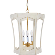 Load image into Gallery viewer, Metal lantern in brushed cream finish with golden accents.
