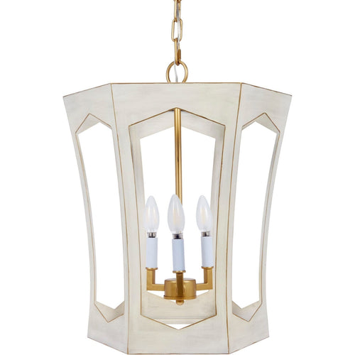 Metal lantern in brushed cream finish with golden accents.