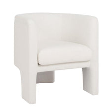 Load image into Gallery viewer, The Lansky barrel chair is expertly crafted with a luxurious white boucle fabric, elevating any space with its touch of sophistication and warmth. With a three leg design, this chair offers both style and practicality, making it a perfect choice for smaller rooms or apartments. Discover the ultimate combination of comfort and functionality with the Lansky.
