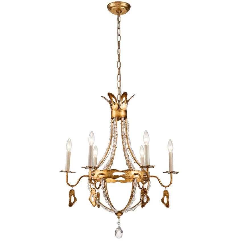 This exquisite petite chandelier features stunning hand-beaded details, candleabra bulbs, and an antique gold finish. With a dimmable light and graceful design, it is topped off with a regal touch, evocative of a crown. It's perfect for adding elegance to any room, with ornate hand-beaded accents and a shimmering antique gold finish. Enjoy the soft, adjustable lighting while appreciating the refined design.