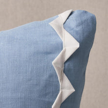 Load image into Gallery viewer, Experience the unique three-dimensional stripe of Lazare in ivory-on-chambray with this pillow. Using a knife edge finish and sewing the grosgrain ribbon into zigzag bands, this pillow adds a sophisticated touch to any space. Crafted from linen-blend ground fabric, Lazare is the perfect addition to your home decor.
