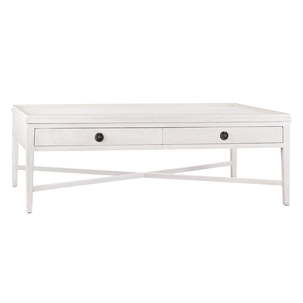 This versatile cross-base coffee table features two beveled drawers, providing ample storage space while keeping sightlines clean and organized.