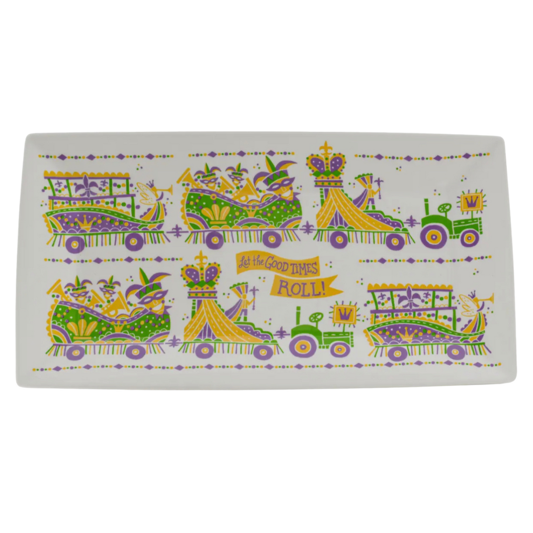 Cleverly illustrated ceramic platter, perfect for festively serving your favorite carnival treats. Nola artist, french quarter, new orleans art, new orleans artist, Southern artist, Louisiana artist, Gulf South artist, original art, artist, mardi gras art, mardi gras, mardi gras floats, carnival