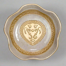 Load image into Gallery viewer, Impress your loved ones with the elegant &quot;Love Bowl&quot; - a stunning decorative piece suitable for any space. Choose from two soothing palettes of French Blue or Ivory, hand-glazed and gold gilded for a touch of luxury. Handcrafted from earthenware, this bowl adds a sophisticated touch to end tables, nightstands, vanities, or easels.
