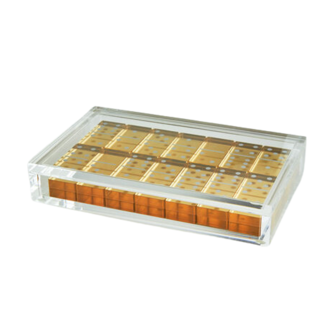 Bring a touch of sophistication to your home with our exquisite gold domino set. With its luxurious lucite case, this set serves as both a stunning home decor piece and a fun game for all to enjoy.