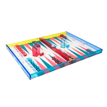 Load image into Gallery viewer, This lucite backgammon set comes with everything you need to add some flair to your game nights. The vibrant acrylic case opens to reveal a durable board, as well as checkers, dice, and dice shakers - ensuring an enjoyable and high-quality playing experience.
