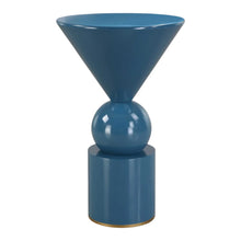 Load image into Gallery viewer, This Luster Blu Accent Table features a sleek blue finish and modern geometric shapes, making it a stylish addition to any space. Its painted gold base provides both durability and a touch of metallic shine.
