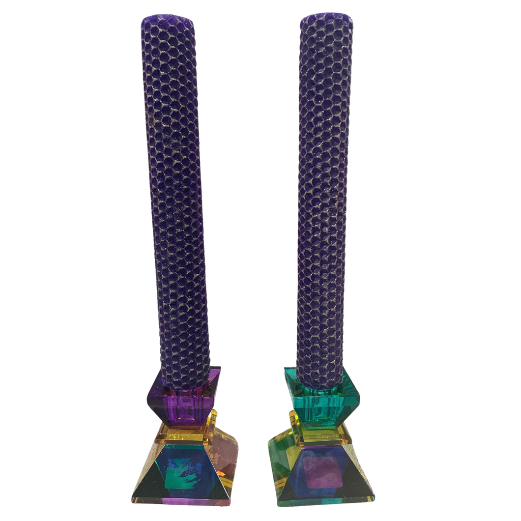 Showcase your favorite Mardi Gras taper candles with these venetian crystal candleholders, hand-painted in purple, green and gold.