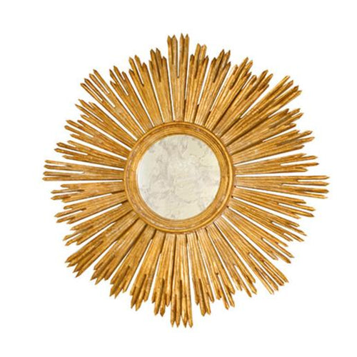 Drawing inspiration from the famous symbol of the French monarch Louis XIV, our Margeaux sunburst mirror seamlessly complements traditional and contemporary decor. It is meticulously handcrafted with a luxurious gold leaf finish and features an antique mirror inset.