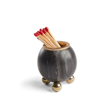 Load image into Gallery viewer, This petite match holder is made of spherical honed anthracite marble with an interior knurled natural brass finish, perfect for igniting and holding matches.
