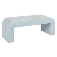 Load image into Gallery viewer, The Mercer channeled bench&#39;s graceful silhouette adds an elegant touch to any space, while its performance light blue chenille upholstery enhances its durability and comfort.
