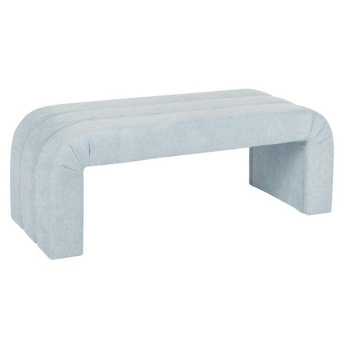 The Mercer channeled bench's graceful silhouette adds an elegant touch to any space, while its performance light blue chenille upholstery enhances its durability and comfort.