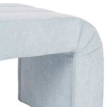 Load image into Gallery viewer, The Mercer channeled bench&#39;s graceful silhouette adds an elegant touch to any space, while its performance light blue chenille upholstery enhances its durability and comfort.
