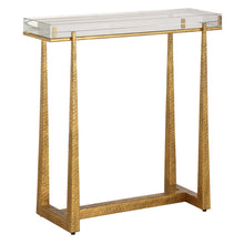 Load image into Gallery viewer, Experience true luxury with the exquisite Midas Accent Table. Crafted with textured antique gold finish iron legs, this table expertly supports a thick crystal top for an elegant touch to any room.
