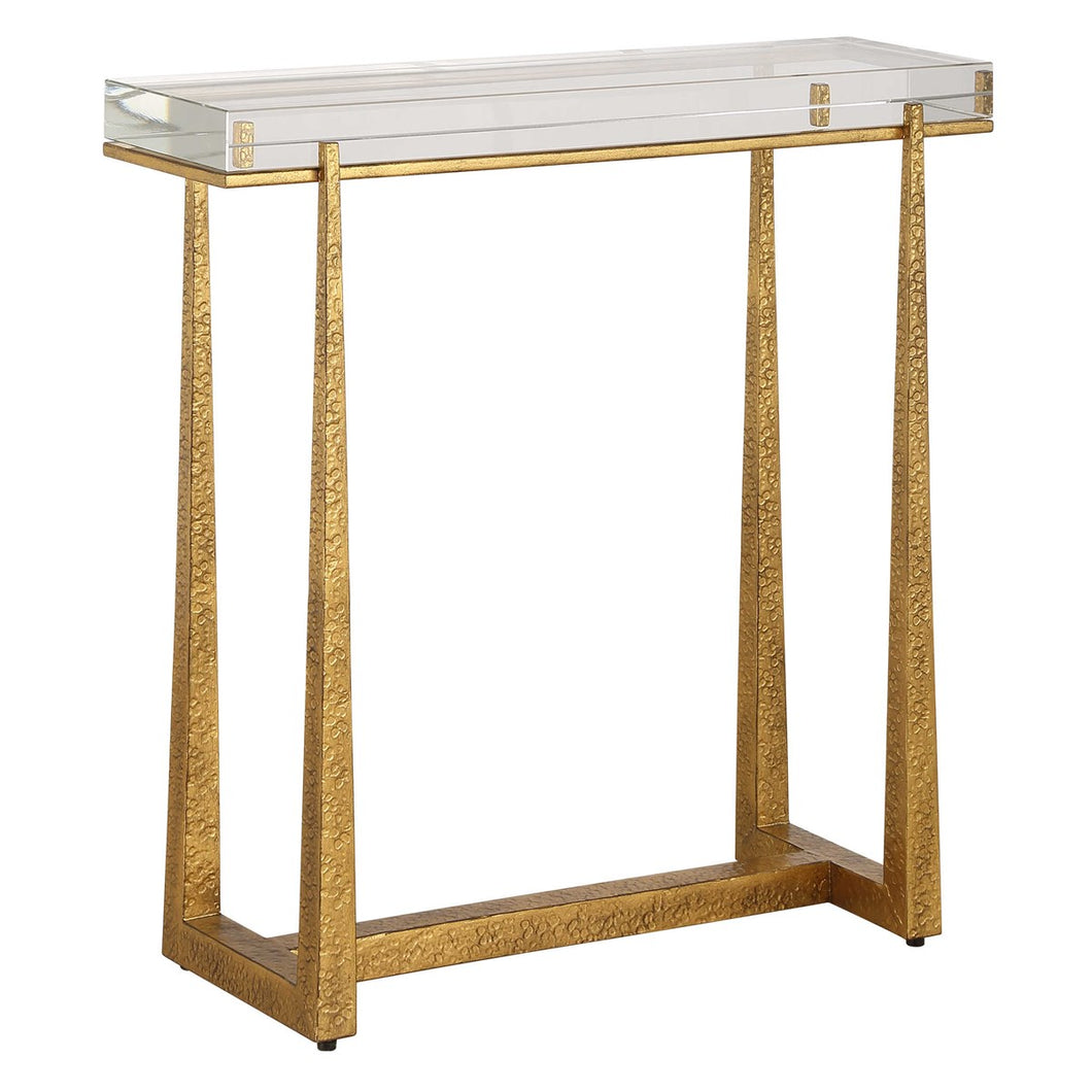 Experience true luxury with the exquisite Midas Accent Table. Crafted with textured antique gold finish iron legs, this table expertly supports a thick crystal top for an elegant touch to any room.