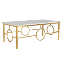 Load image into Gallery viewer, Transform your living room with a sophisticated update. This stunning rectangular coffee table features a sleek gold-leafed wrought iron base that creates chic circular patterns. The luxurious carrerra marble top adds an element of opulence to this exceptionally elegant piece.
