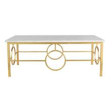 Load image into Gallery viewer, Transform your living room with a sophisticated update. This stunning rectangular coffee table features a sleek gold-leafed wrought iron base that creates chic circular patterns. The luxurious carrerra marble top adds an element of opulence to this exceptionally elegant piece.
