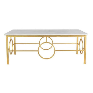 Transform your living room with a sophisticated update. This stunning rectangular coffee table features a sleek gold-leafed wrought iron base that creates chic circular patterns. The luxurious carrerra marble top adds an element of opulence to this exceptionally elegant piece.