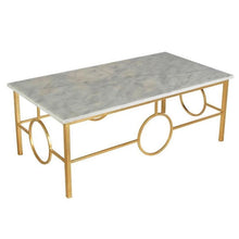 Load image into Gallery viewer, Transform your living room with a sophisticated update. This stunning rectangular coffee table features a sleek gold-leafed wrought iron base that creates chic circular patterns. The luxurious carrerra marble top adds an element of opulence to this exceptionally elegant piece.
