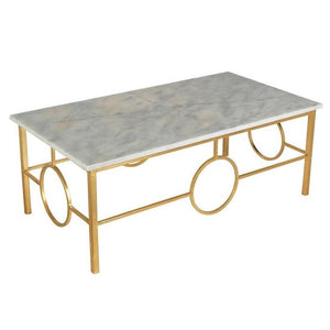 Transform your living room with a sophisticated update. This stunning rectangular coffee table features a sleek gold-leafed wrought iron base that creates chic circular patterns. The luxurious carrerra marble top adds an element of opulence to this exceptionally elegant piece.