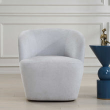 Load image into Gallery viewer, Experience comfort and style with this meticulously crafted barrel style swivel chair. Its durable, finely textured polyester upholstery is both inviting and easily cleanable for long-lasting use. With its solid wood swivel base in matte black, this chair is the perfect addition to any room.
