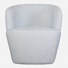 Load image into Gallery viewer, Experience comfort and style with this meticulously crafted barrel style swivel chair. Its durable, finely textured polyester upholstery is both inviting and easily cleanable for long-lasting use. With its solid wood swivel base in matte black, this chair is the perfect addition to any room.
