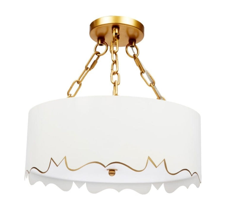 This delicate pendant features a white metal shade with hand-painted gold accents. The diffuser plate creates a soft, gentle glow below. Whether used in a nursery, playroom, or feminine dressing room, this pendant is a beautiful addition.