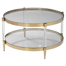 Load image into Gallery viewer, The Monroe Coffee Table is a glamorous addition to any space. It boasts a gold plated stainless steel frame, paired with clear glass and acrylic legs, complete with tapered feet for added elegance.
