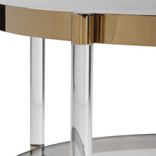 Load image into Gallery viewer, The Monroe Coffee Table is a glamorous addition to any space. It boasts a gold plated stainless steel frame, paired with clear glass and acrylic legs, complete with tapered feet for added elegance.
