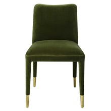 Load image into Gallery viewer, Armless side or dining chair in Moss Green velvet with slender brass-capped ferrules.
