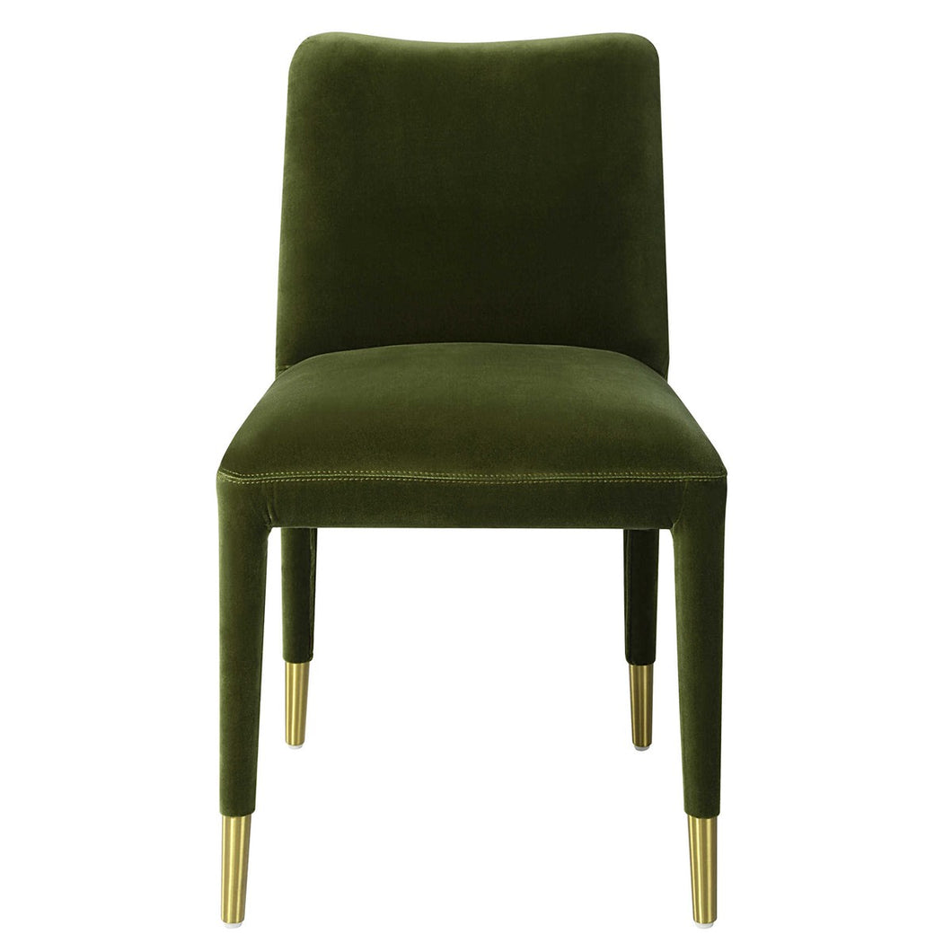 Armless side or dining chair in Moss Green velvet with slender brass-capped ferrules.