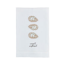 Load image into Gallery viewer, This embroidered linen towel features stylish hemstitching and a playful oyster design. Perfect for adding some fun to your kitchen!
