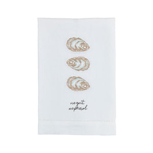 This embroidered linen towel features stylish hemstitching and a playful oyster design. Perfect for adding some fun to your kitchen!