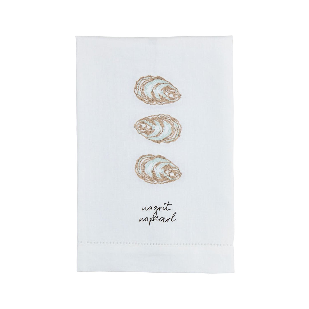 This embroidered linen towel features stylish hemstitching and a playful oyster design. Perfect for adding some fun to your kitchen!