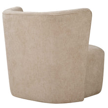 Load image into Gallery viewer, The Outlook swivel chair&#39;s unique wrap around back features inverse angles that support your body while its hidden swivel base allows for easy movement. Upholstered in a finely textured, cleanable polyester fabric in neutral sand, this chair is the perfect blend of style and practicality.
