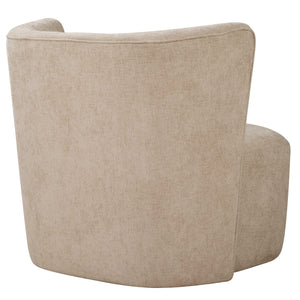 The Outlook swivel chair's unique wrap around back features inverse angles that support your body while its hidden swivel base allows for easy movement. Upholstered in a finely textured, cleanable polyester fabric in neutral sand, this chair is the perfect blend of style and practicality.