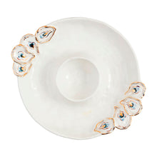 Load image into Gallery viewer, This stoneware chip and dip server boasts hand-painted figural oyster shells, accentuated with intricate gold detailing.
