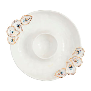 This stoneware chip and dip server boasts hand-painted figural oyster shells, accentuated with intricate gold detailing.