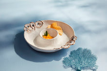 Load image into Gallery viewer, This stoneware chip and dip server boasts hand-painted figural oyster shells, accentuated with intricate gold detailing.
