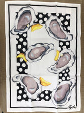 Load image into Gallery viewer, Our unique hand-screen printed tea towel depicts the abundant Gulf South oyster, served with nothing more than a squeeze of fresh lemon. Illustrated by local artist Kathy Schorr, you can use this any time of year, even in the months that don&#39;t have an R!
