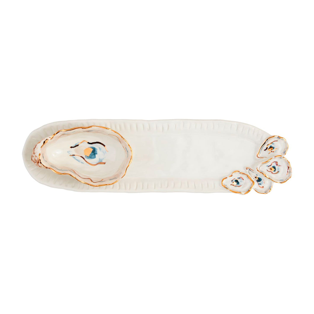Get ready to shell-ebrate with this 2-piece stoneware set! The tray features a hand-painted and dimensional oyster shell design, while the coordinating oyster shell dip cup is just shucking perfect!