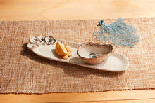 Load image into Gallery viewer, Get ready to shell-ebrate with this 2-piece stoneware set! The tray features a hand-painted and dimensional oyster shell design, while the coordinating oyster shell dip cup is just shucking perfect!
