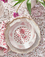 Load image into Gallery viewer, Discover the time-honored customs of hand block printing as expert artisans bring these beautiful pink pomegranate napkins to life. Elevate your gatherings any time of year with this versatile design perfect for all occasions.
