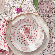 Load image into Gallery viewer, Discover the time-honored customs of hand block printing as expert artisans bring this beautiful pink pomegranate tablecloth to life. Elevate your gatherings any time of year with its versatile design perfect for all occasions. 
