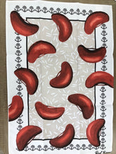 Load image into Gallery viewer, This tea towel showcases famous red beans and rice, a staple of Monday dinners in New Orleans homes. Created by local artist Kathy Schorr, this hand-screen printed towel adds a touch of spice to your kitchen decor. All you need is a dash of Louisiana Hot Sauce!
