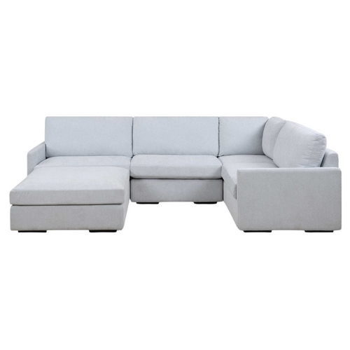 A modern silhouette that offers style and a comfortable place to curl up. The Refuge modular collection is crafted with premium, high durability foam cores and synthetic down wrap. Featuring the patented RidgEraser technology to ensure consistent comfort between cushions. Upholstered in a finely textured, cleanable polyester in light cloud blue. 