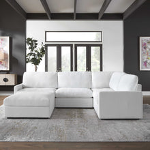 Load image into Gallery viewer, Upholstered in a cleanable polyester fabric in ultra plush arctic white with a toxin-free, eco friendly treatment to help resist water based stains.
