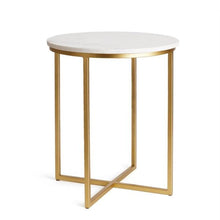 Load image into Gallery viewer, This elegant table features a blend of white marble and brass for a refined aesthetic. Its compact design allows for effortless mobility, making it perfect for serving cocktails, appetizers, or even using as a laptop stand.
