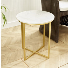 Load image into Gallery viewer, This elegant table features a blend of white marble and brass for a refined aesthetic. Its compact design allows for effortless mobility, making it perfect for serving cocktails, appetizers, or even using as a laptop stand.
