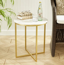 Load image into Gallery viewer, This elegant table features a blend of white marble and brass for a refined aesthetic. Its compact design allows for effortless mobility, making it perfect for serving cocktails, appetizers, or even using as a laptop stand.
